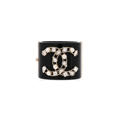 CHANEL RESIN CRYSTAL PEARL CC CUFF BLACK BRACELET 